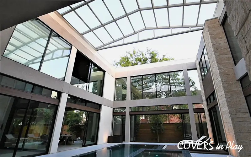 Front view of a residential retractable roof in Houston house